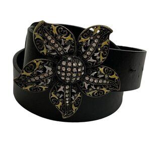 Fellini Italy Black Leather Belt Women's size M Flower‎ Buckle Rhinestone